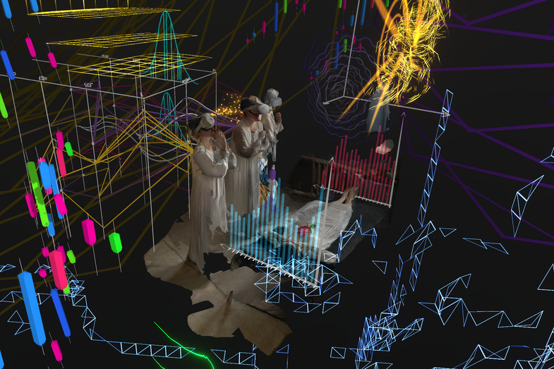 Digitales Rendering einer Totenwache. Drei menschliche Avatare in langen Gewändern mit VR-Brillen stehen mit gefalteten Händen vor einer Totenbahre. Sie sind an Kabel angeschlossen. 