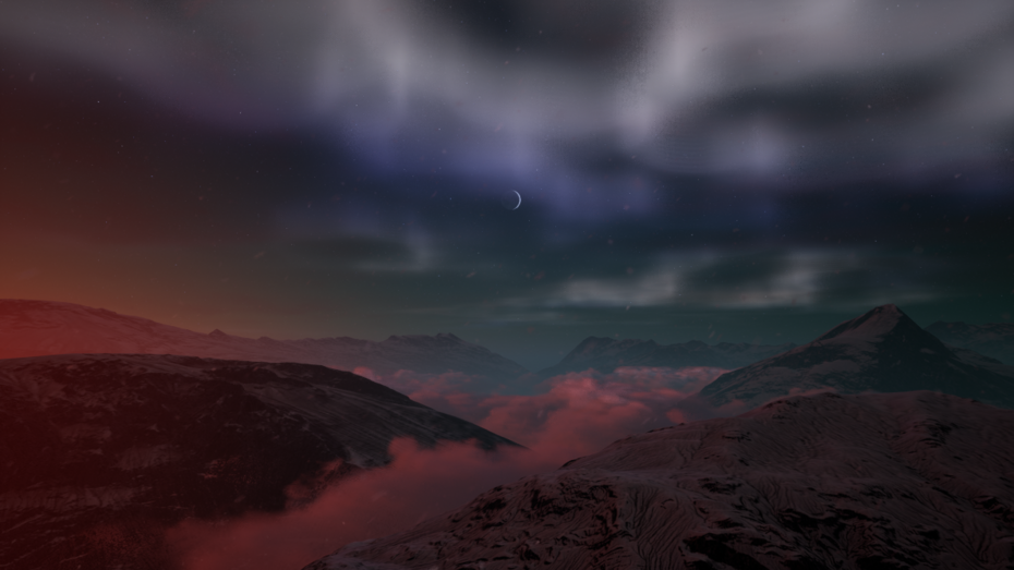 Rendering of a mountain landscape with clouds floating through it. Above is a crescent moon and northern lights.