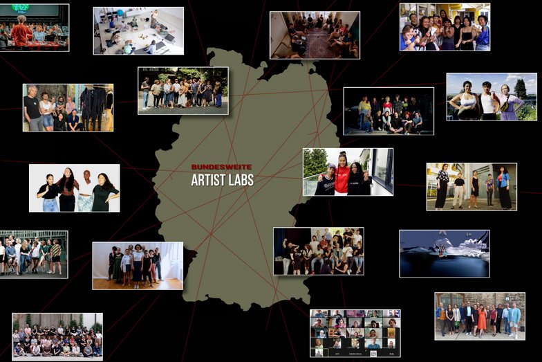Collage of many images of people posing together for the camera. The area of Germany is shown in the background. It says: "Bundesweite Artist Labs”.
